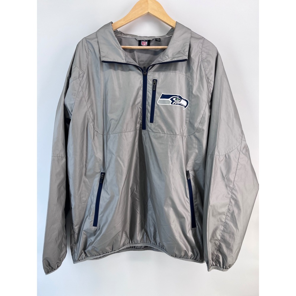 NFL Seattle Seahawks Quarter Zip Windbreaker Jacket Silver Mens L Retro